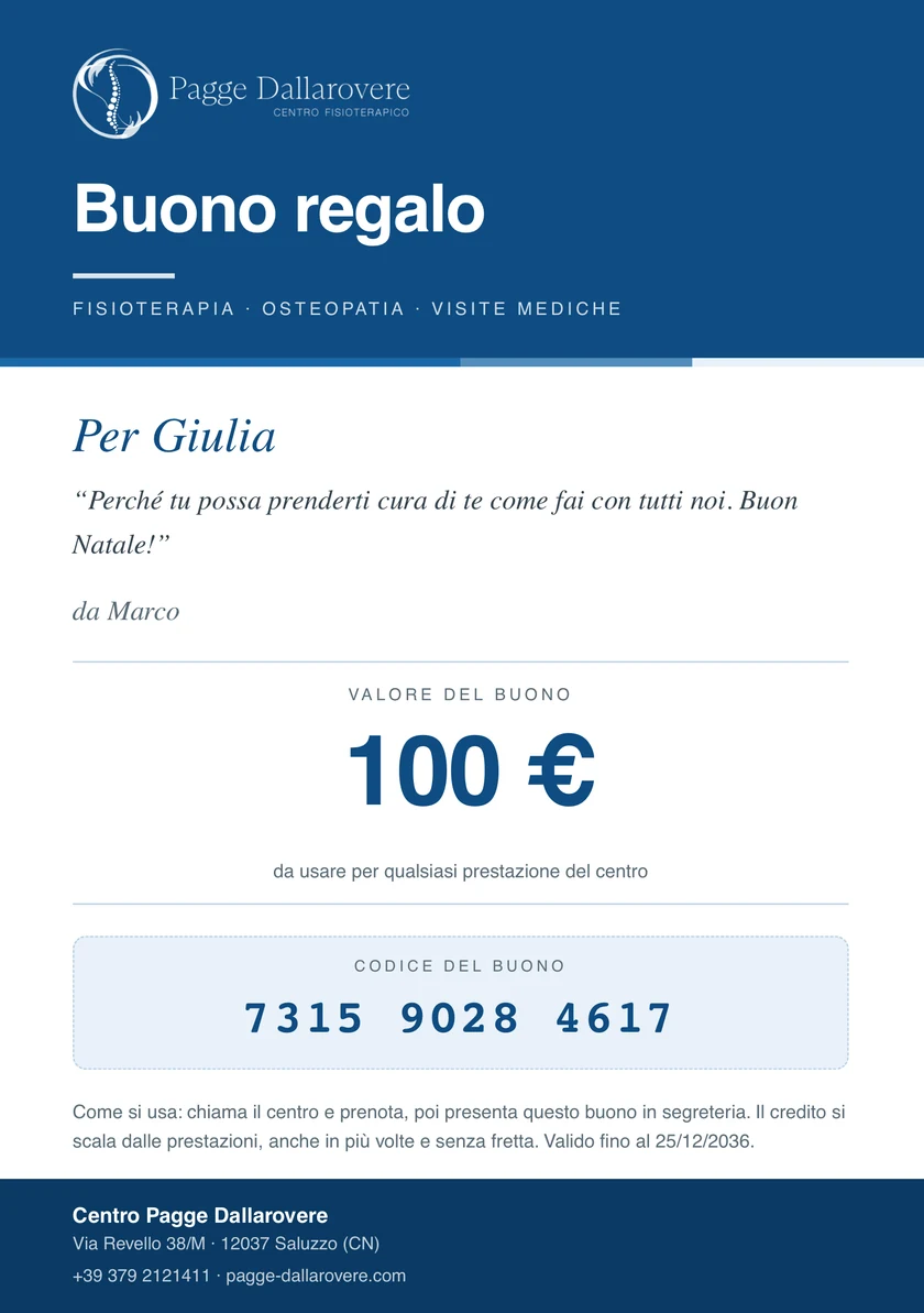 Il buono regalo del Centro Pagge Dallarovere: il logo in cima, la dedica «Per Giulia», il valore di 100 euro e il codice del buono.